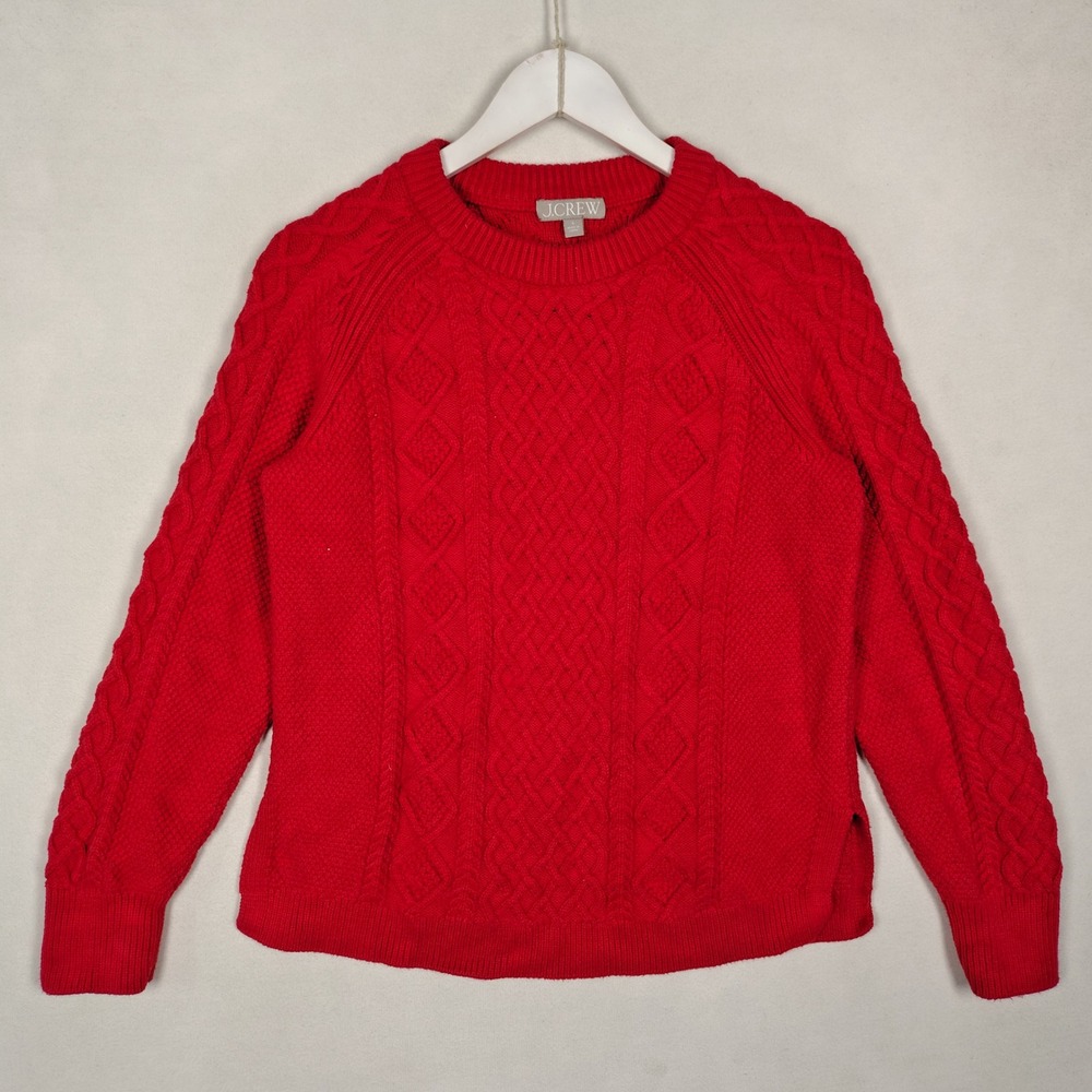 J.Crew Red Cable-Knit Crewneck Sweater 100% Cotton Raglan Sleeve Size S